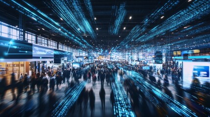 Dynamic technology trade show scene with interactive booths and holographic data lines in action
