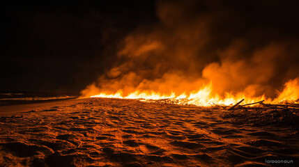 A fiery orange blaze burning on a sandy beach at night, surrounded by blackened remnants of wood, with dark smoke rising into the cool air