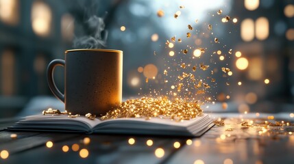 Cozy coffee cup next to an open book surrounded by shimmering golden sparkles in a warm, inviting setting