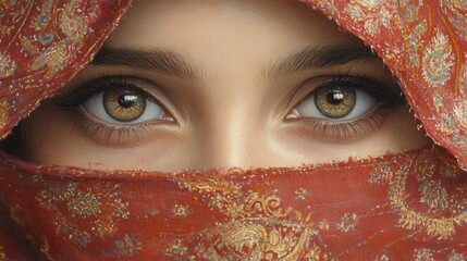 A Womans Eyes Hidden Behind a Red patterned Veil