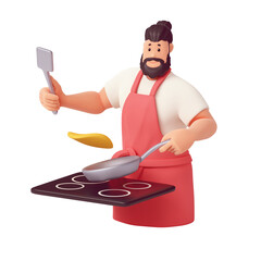 Portrait of young casual funny cute handsome bearded man in red apron cooks on an induction stove, holding a stainless pan with one hand, throwing hot pancake into air. 3d render on white background.
