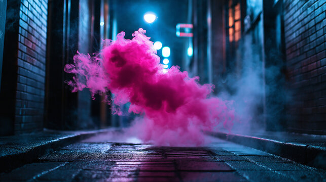 A smoke grenade in a dark alleyway, emitting bright pink smoke, as it spills across the pavement, shrouding the area in mystery under the dim streetlights