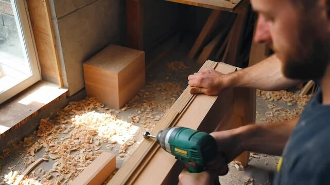A carpenter skillfully using a drill driver while working on a woodworking project