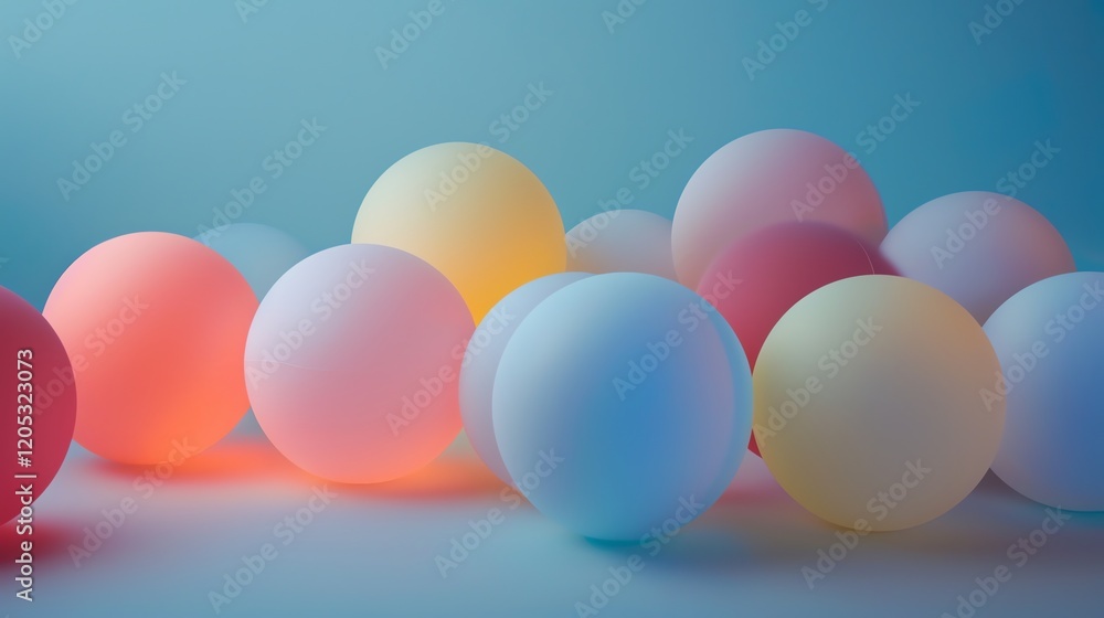 Poster 3d rendering of a soft pastel colored balls on a blue background. the balls are of varying sizes and