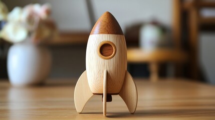 Wooden rocket ship, a classic design made from natural wood, blending retro charm with contemporary simplicity