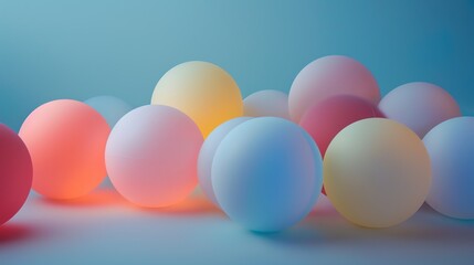 3D rendering of a soft pastel colored balls on a blue background. The balls are of varying sizes and are all perfectly round.