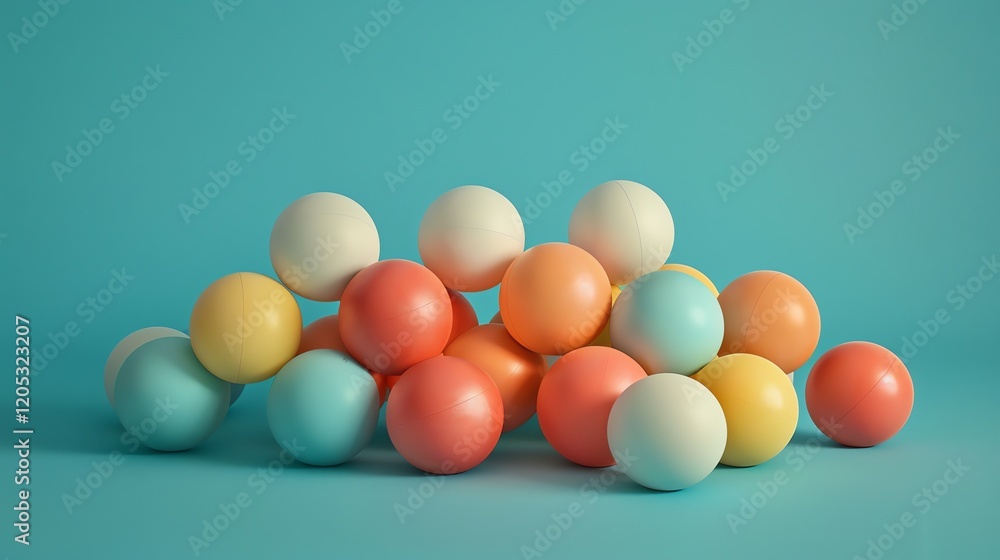 Poster 3d rendering of a pile of pastel-colored balls on a blue background. the balls are arranged in a ran