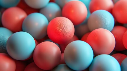 3D rendering of a pile of blue and red balls with a bumpy texture. The balls are all different...