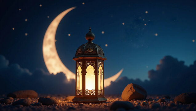Traditional glowing Arabic lantern in middle of desert night sky background. Copy space Ramadan banner 33