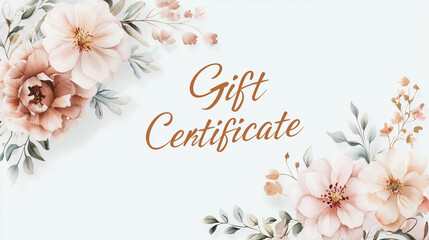 Floral Elegance Gift Certificate: A crisp, white background adorned with delicate pastel floral designs in watercolor style, framing the text "Gift Certificate" in elegant calligra