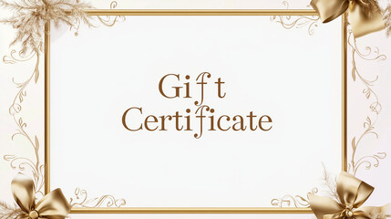 Golden Frame Gift Certificate: A rich, embossed gold frame with intricate filigree detail surrounding a pure white background. "Gift Certificate" is displayed in sophisticated seri