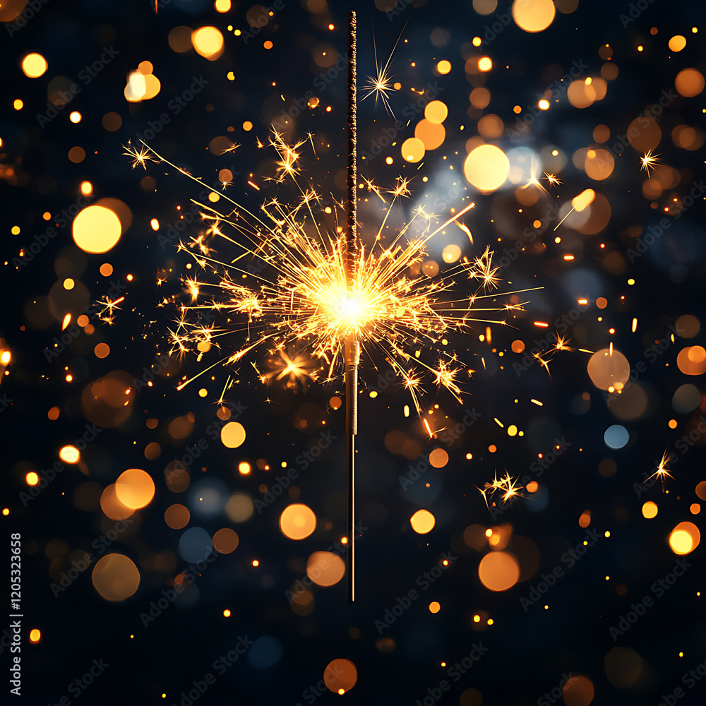 Poster sparkling bengal sparkler burning brightly against dark background, creating mesmerizing display of 