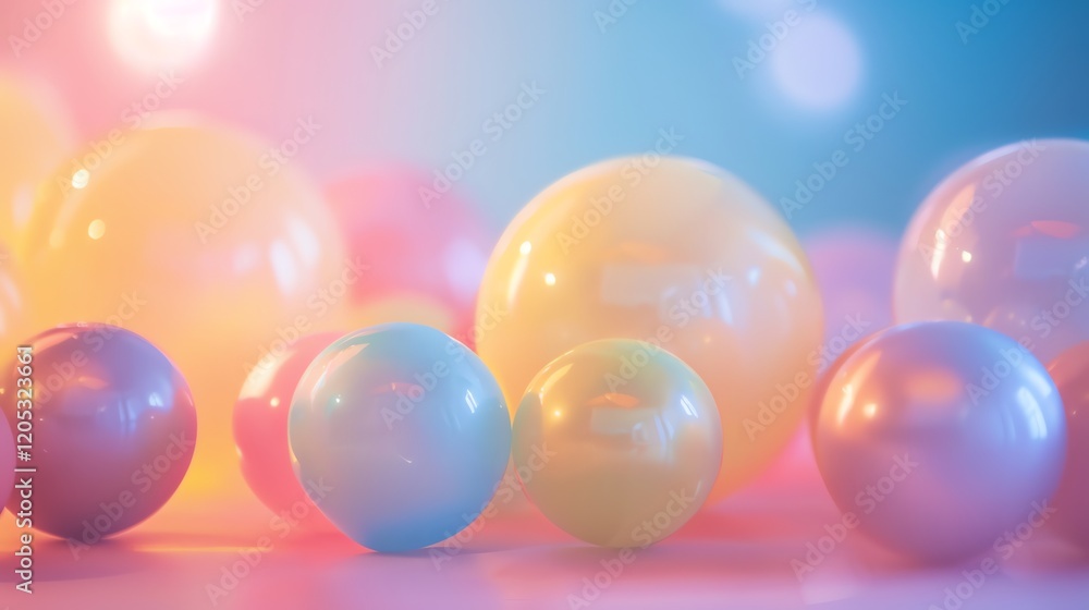 Poster 3d rendering of a group of pastel colored spheres with a blurred background. the spheres are of diff