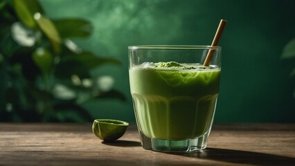Matcha latte with ice Green tea against a green backdrop