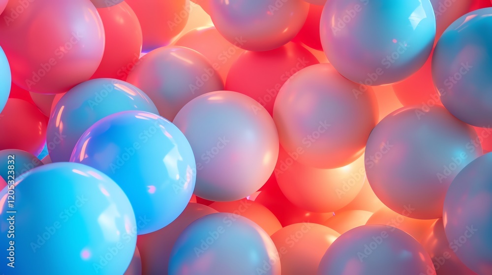 Poster 3d rendering of a bunch of glossy spheres with soft lighting. pink and blue spheres of different siz