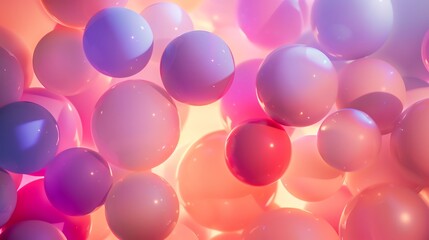3D rendering of a colorful array of spheres. The spheres are of various sizes and colors, and they appear to be floating in a pink and purple void.
