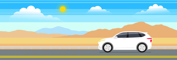 electric car suv on the desert road highway landscape background vector illustration