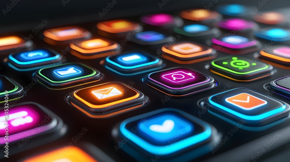 Poster modern business communication technology backdrop with glowing app icons and data visualizations