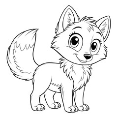 a kawaii style coloring book illustration of a cute wolf isolate black and white lines