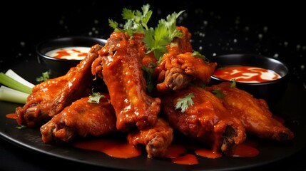 A photo of spicy buffalo wings with sauce.