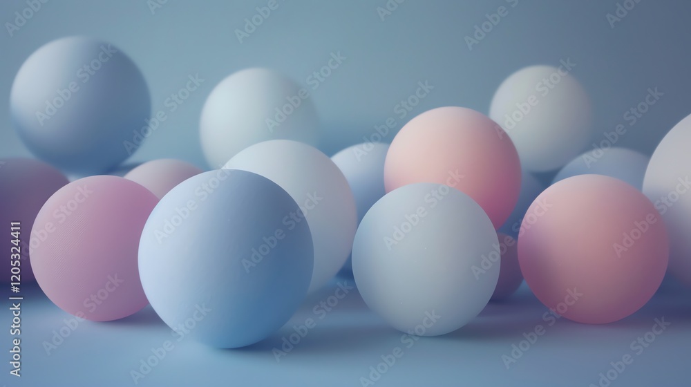 Poster 3d rendering of a soft pastel colored balls on a matching background. the balls are of different siz