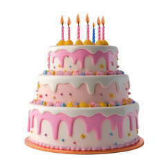 3D Ultra HD PNG Image of Pink colorful 3d Giant 3 levels Happy Birthday Cake on an isolated  transparent background