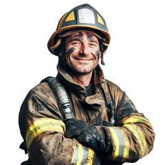 Fototapeta premium PNG Ultra HD firefighter portrait smiling at camera having smoke marks isolated on transparent background