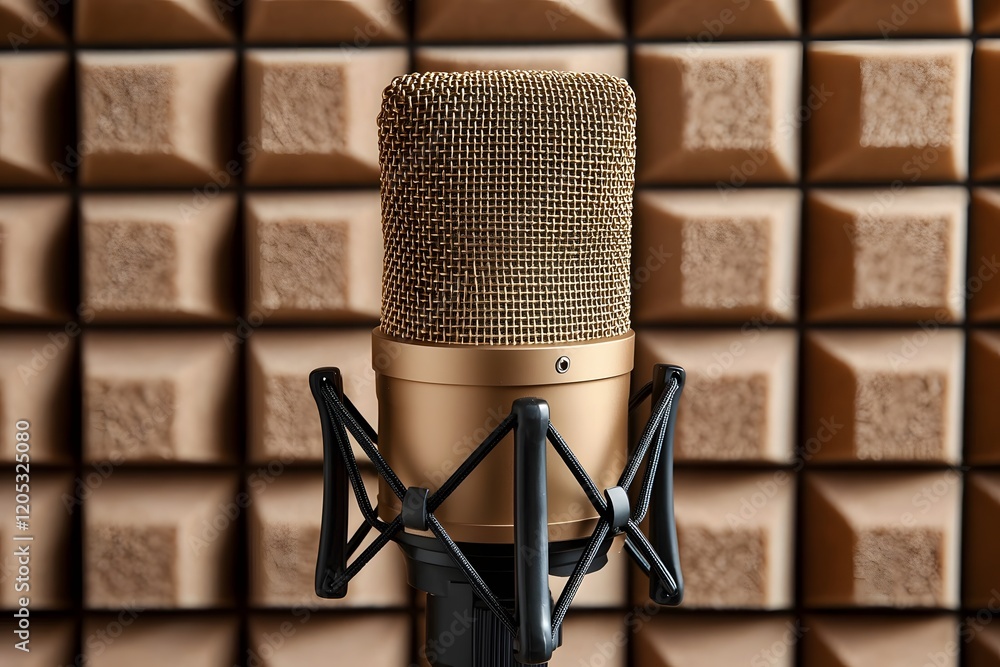Poster professional condenser microphone with mesh pop shield in dimly lit recording studio