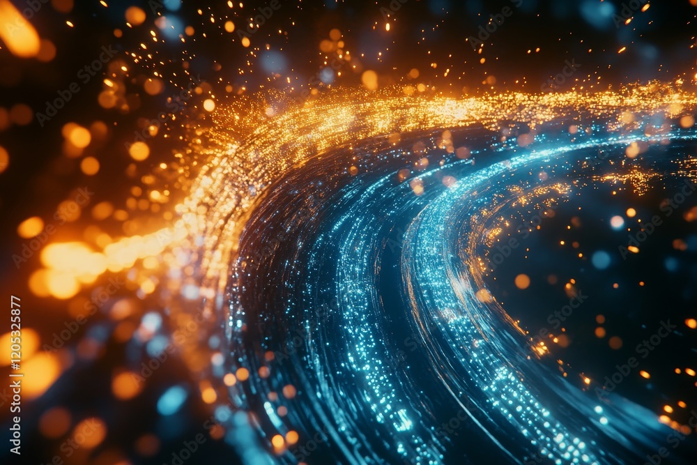 Poster hyper realistic futuristic data stream with glowing light trails in an immersive cosmic scene