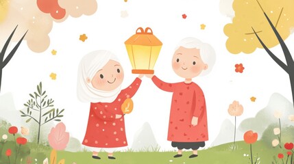 Two Girls Share A Lantern In A Sunny Garden