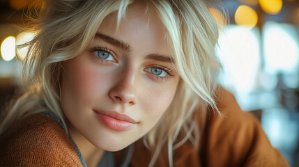 Capturing the essence of youthful beauty with striking blue eyes in a cozy setting