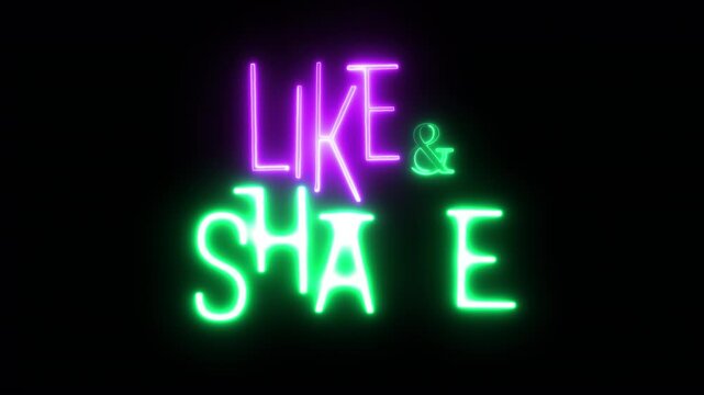 like and share overlay purple and green neon sign text animation