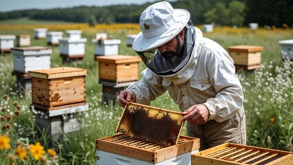Calm and Natural Beekeeping Moment with Focused Beekeeper and Active Apiary in a Scenic Countryside Meadow