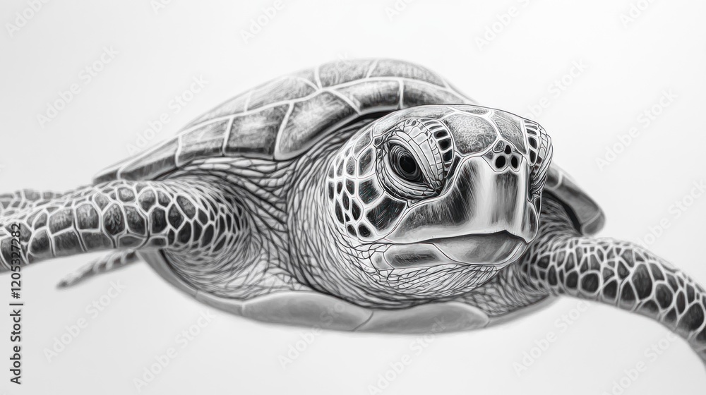 Poster monochrome depiction of a sea turtle with intricate shell pattern against a white background