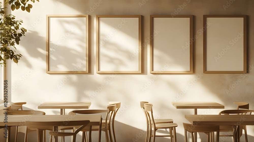 Poster cozy minimalist caf scene with empty wooden picture frames and soft sunlight filtering through the