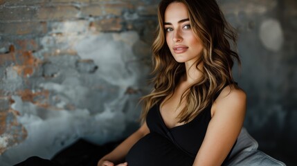 Fototapeta premium Woman is sitting on a bed with her hands on her stomach