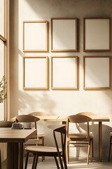 Minimalist Wooden Picture Frames in Cozy Cafe with Soft Sunlight