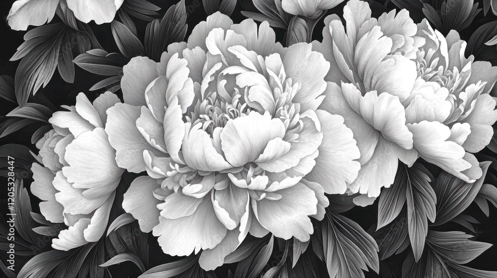 Poster monochrome peony flowers with intricate line work on dark background pattern