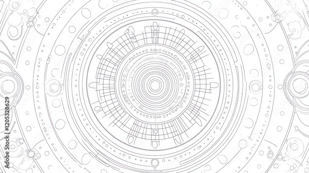 Poster intricate circular design with concentric rings and detailed line work abstract