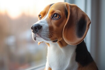 A beagle gazing out of a window at the warm sunlight