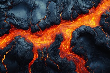 A close-up view of flowing lava with molten rock and sparks