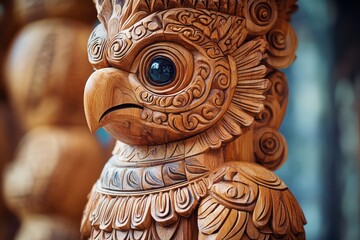 Intricate wooden totem sculpture with carved symbols and patterns, showcasing detailed craftsmanship and cultural motifs.