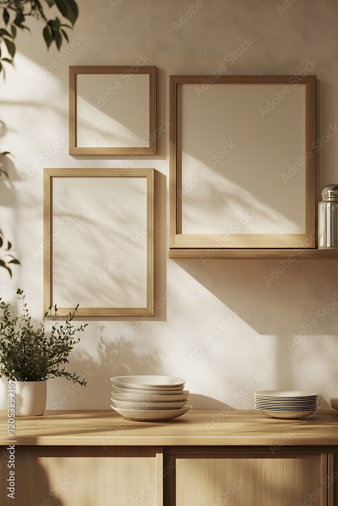 Aufkleber minimalist shelf display with frames lighting and decor elements in cozy home setting