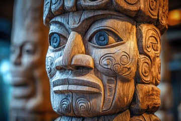 Intricate wooden totem sculpture with carved symbols and patterns, showcasing detailed craftsmanship and cultural motifs.
