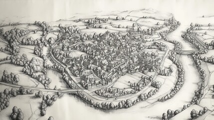 Obraz premium Pen-and-ink drawing of medieval town, river, bridge.