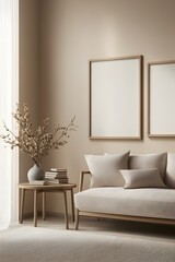 Minimalist Living Room with Wooden Frames and Natural Accents