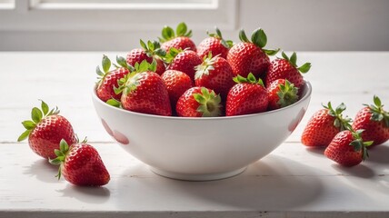 Fresh and luscious strawberries in white bowl with scattered berries on wooden table for copy space