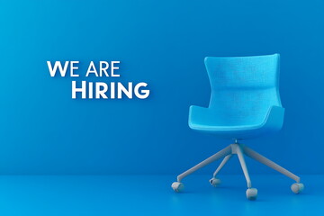 3D rendering of an office chair next to the text WE ARE HIRING