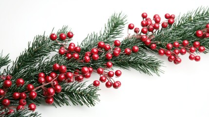 A branch of a Christmas tree decorated with bright red berries, ideal for winter or holiday-themed projects
