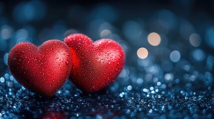 Obraz premium Two red hearts sit on a table, symbolizing love and affection